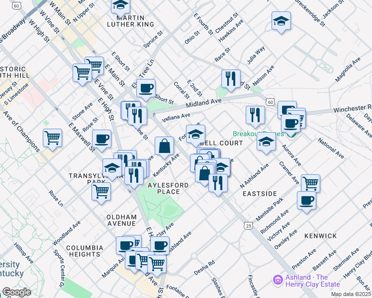 map of restaurants, bars, coffee shops, grocery stores, and more near 531 East Main Street in Lexington