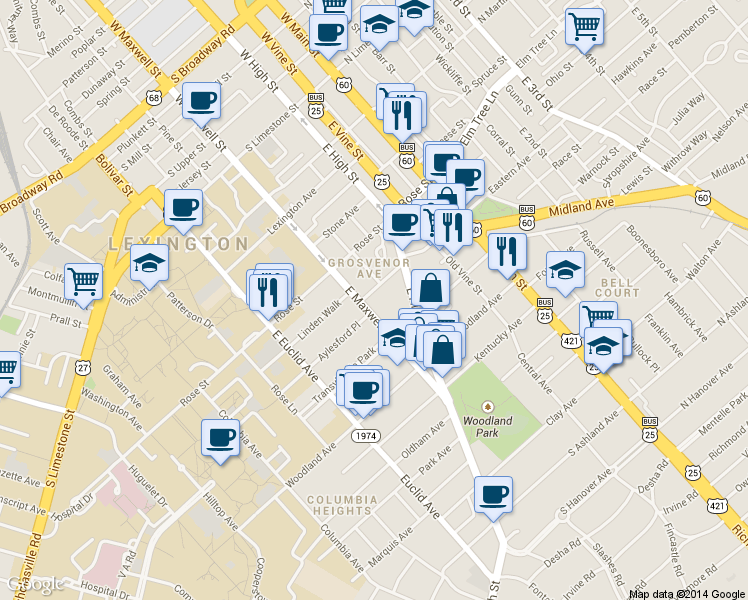 map of restaurants, bars, coffee shops, grocery stores, and more near 415 East Maxwell Street in Lexington