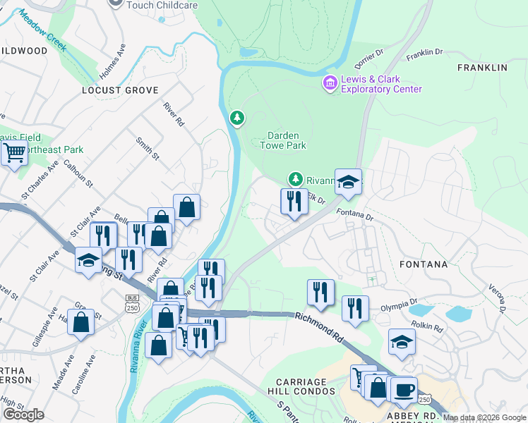 map of restaurants, bars, coffee shops, grocery stores, and more near 1616 Riverwalk Crossing in Charlottesville