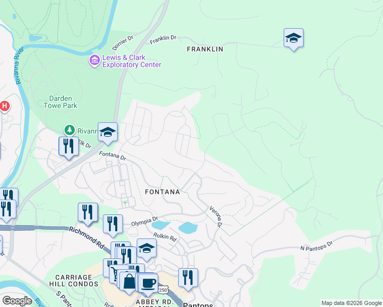 map of restaurants, bars, coffee shops, grocery stores, and more near 605 Fontana Drive in Charlottesville