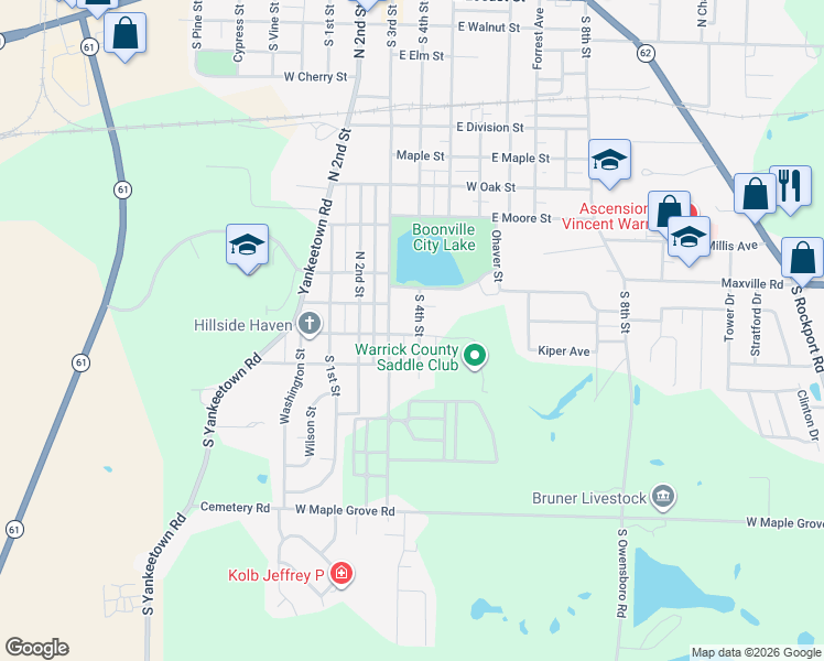 map of restaurants, bars, coffee shops, grocery stores, and more near 201-213 Columbia Street in Boonville