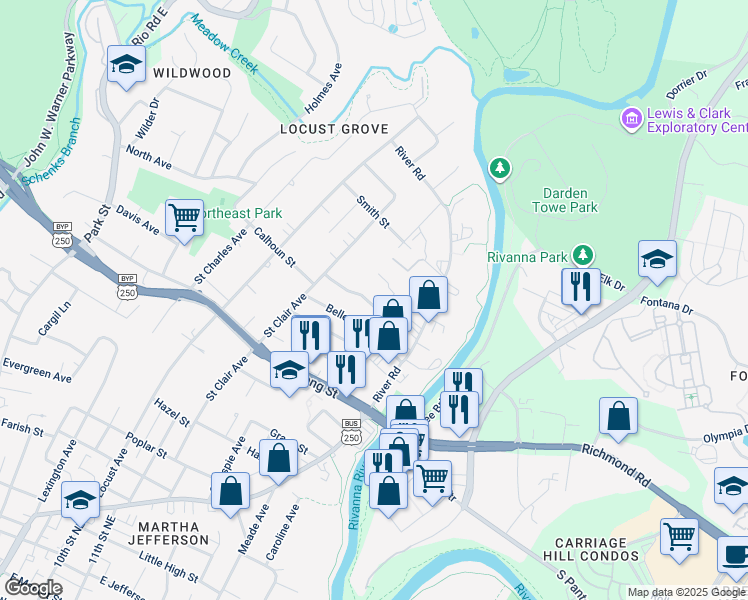 map of restaurants, bars, coffee shops, grocery stores, and more near 1009 Coleman Street in Charlottesville