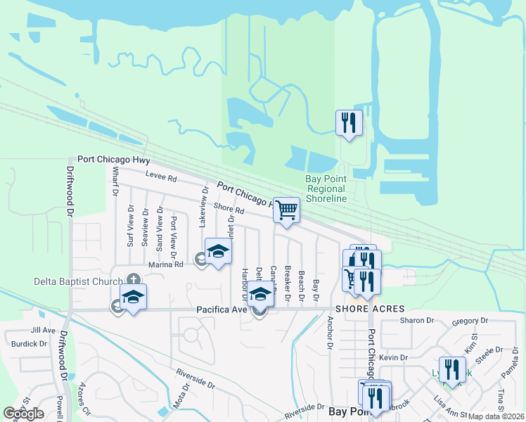 map of restaurants, bars, coffee shops, grocery stores, and more near 232 Shore Road in Bay Point