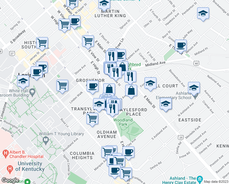 map of restaurants, bars, coffee shops, grocery stores, and more near 134 Ransom Avenue in Lexington