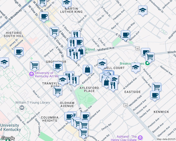 map of restaurants, bars, coffee shops, grocery stores, and more near 114 Woodland Avenue in Lexington