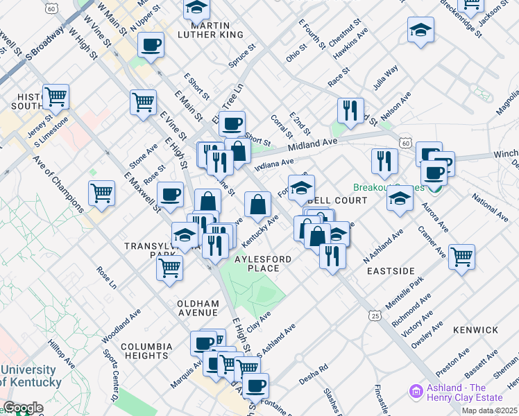 map of restaurants, bars, coffee shops, grocery stores, and more near 114 Woodland Avenue in Lexington