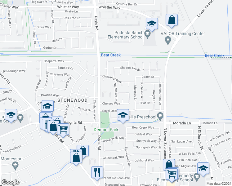 map of restaurants, bars, coffee shops, grocery stores, and more near 9598 Nantucket Drive in Stockton