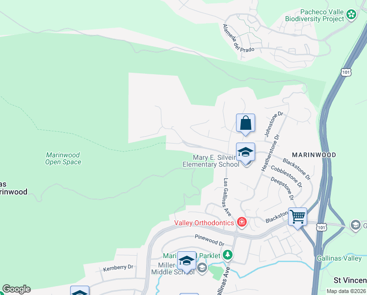 map of restaurants, bars, coffee shops, grocery stores, and more near 499 Blackstone Drive in San Rafael