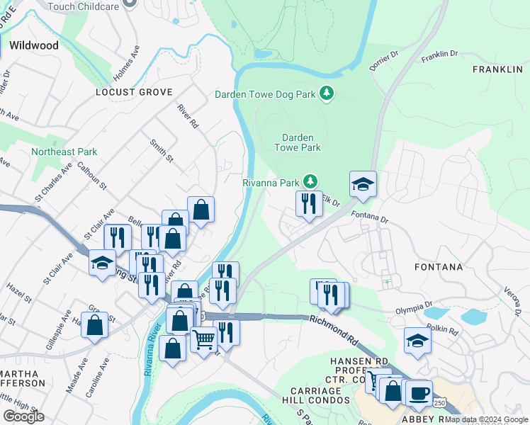 map of restaurants, bars, coffee shops, grocery stores, and more near 1425 Trailside Court in Charlottesville