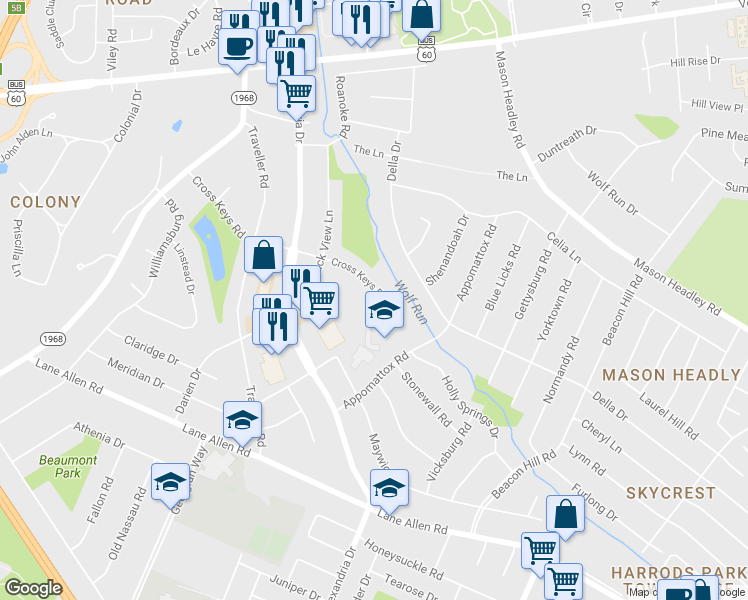 map of restaurants, bars, coffee shops, grocery stores, and more near 1028 Cross Keys Road in Lexington
