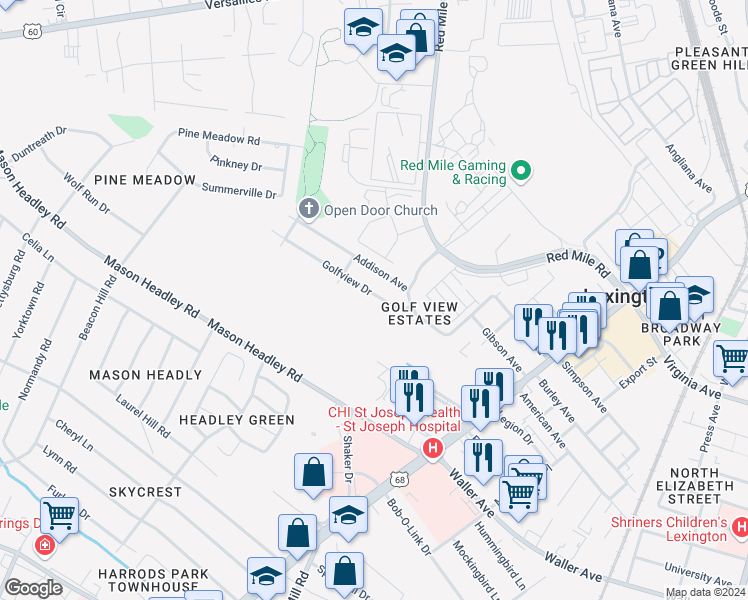 map of restaurants, bars, coffee shops, grocery stores, and more near 636 Golfview Drive in Lexington