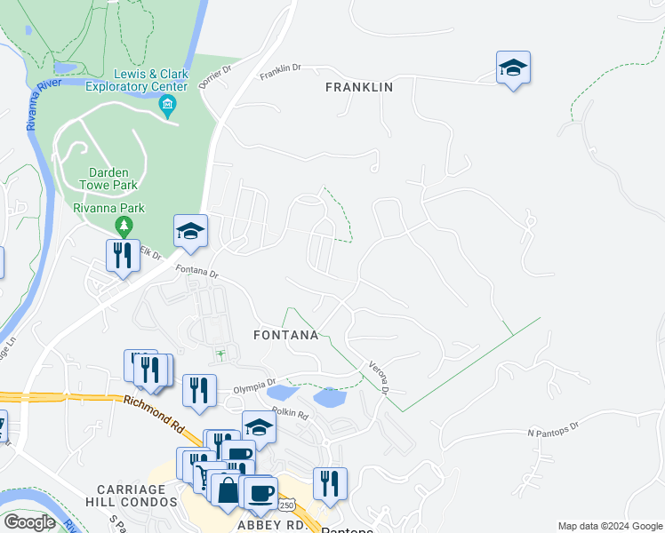 map of restaurants, bars, coffee shops, grocery stores, and more near 1913 Glissade Lane in Charlottesville