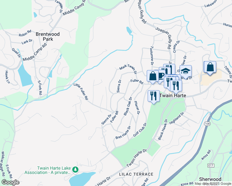 map of restaurants, bars, coffee shops, grocery stores, and more near 22882 Mark Twain Dr in Twain Harte