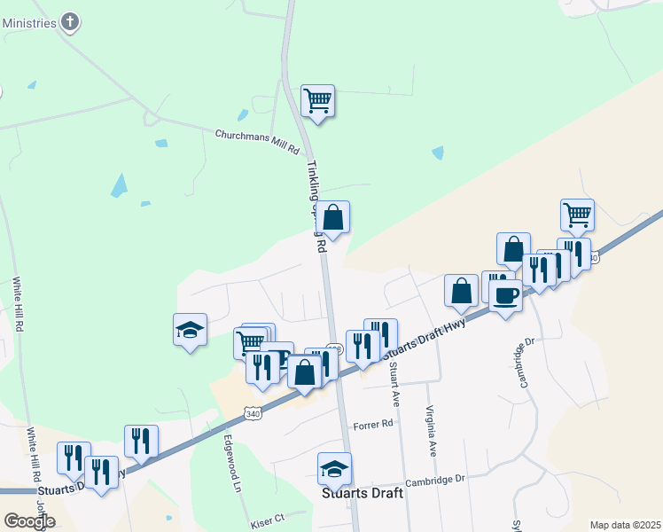 map of restaurants, bars, coffee shops, grocery stores, and more near 2516 Tinkling Spring Road in Stuarts Draft
