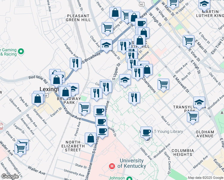 map of restaurants, bars, coffee shops, grocery stores, and more near 900 South Limestone in Lexington
