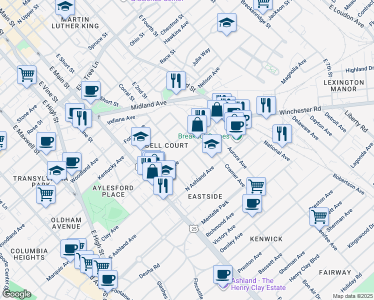 map of restaurants, bars, coffee shops, grocery stores, and more near 176 Walton Avenue in Lexington