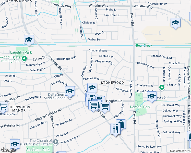 map of restaurants, bars, coffee shops, grocery stores, and more near 1956 Pawnee Way in Stockton