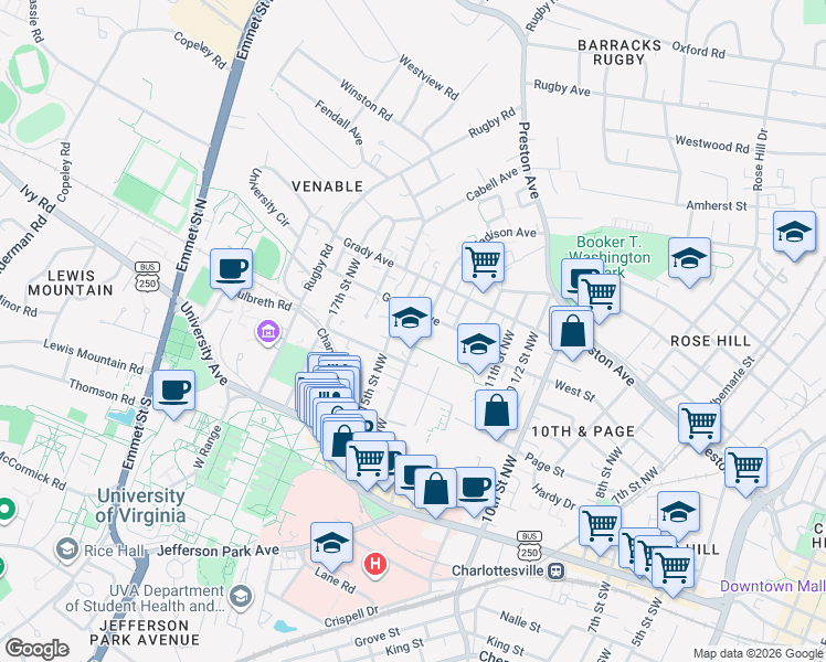 map of restaurants, bars, coffee shops, grocery stores, and more near 410 15th Street Northwest in Charlottesville
