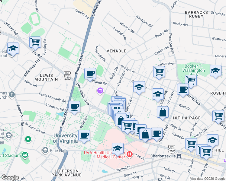 map of restaurants, bars, coffee shops, grocery stores, and more near 167 Chancellor Street in Charlottesville