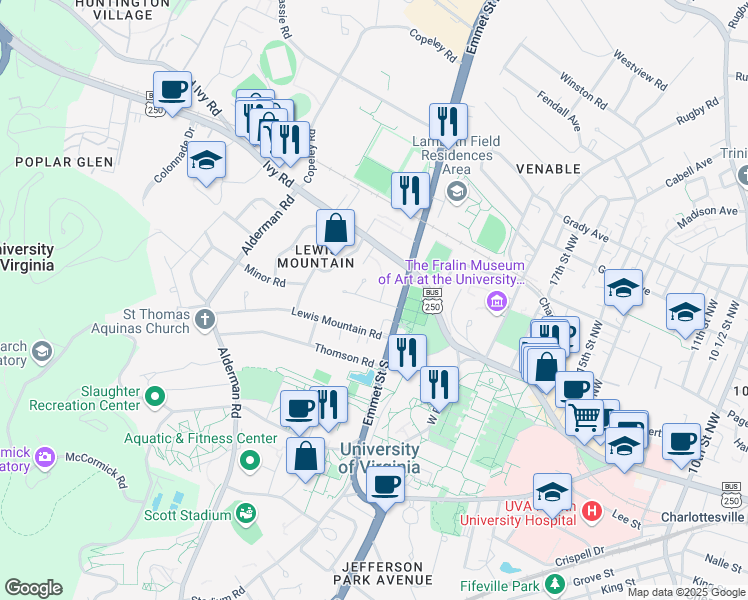 map of restaurants, bars, coffee shops, grocery stores, and more near 283 Sprigg Lane in Charlottesville