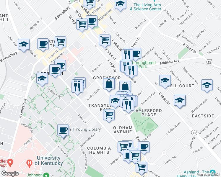 map of restaurants, bars, coffee shops, grocery stores, and more near 415 East Maxwell Street in Lexington