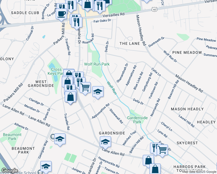 map of restaurants, bars, coffee shops, grocery stores, and more near 1021 Cross Keys Road in Lexington