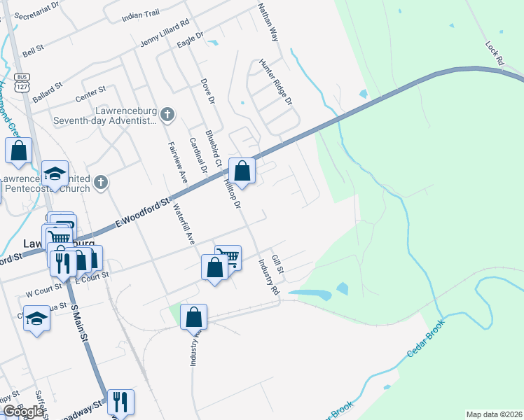 map of restaurants, bars, coffee shops, grocery stores, and more near 600 East Court Street in Lawrenceburg