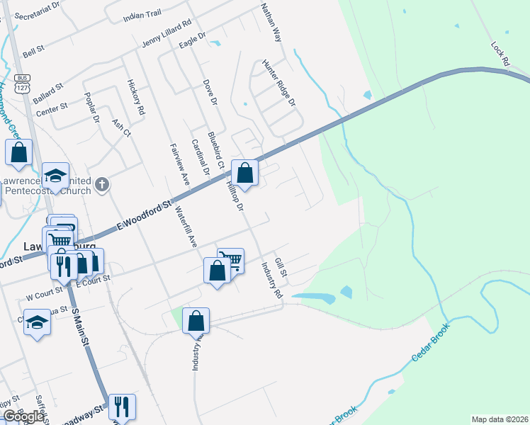 map of restaurants, bars, coffee shops, grocery stores, and more near 600 East Court Street in Lawrenceburg