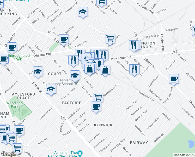 map of restaurants, bars, coffee shops, grocery stores, and more near 320 Given Avenue in Lexington