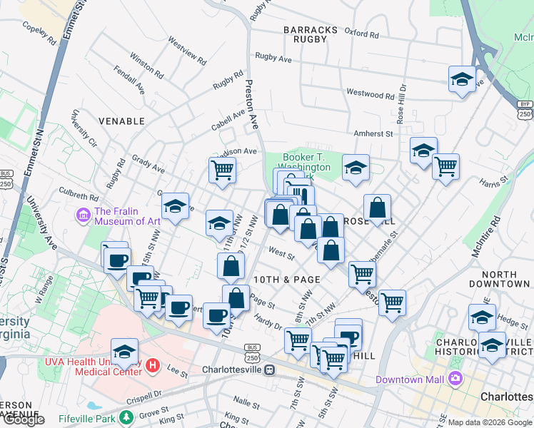 map of restaurants, bars, coffee shops, grocery stores, and more near 415 10th Street Northwest in Charlottesville