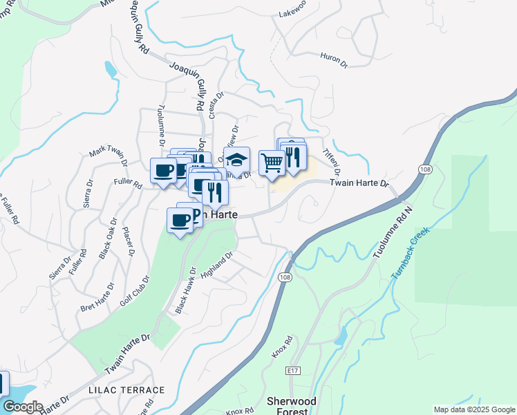 map of restaurants, bars, coffee shops, grocery stores, and more near 23001-23009 Twain Harte Drive in Twain Harte