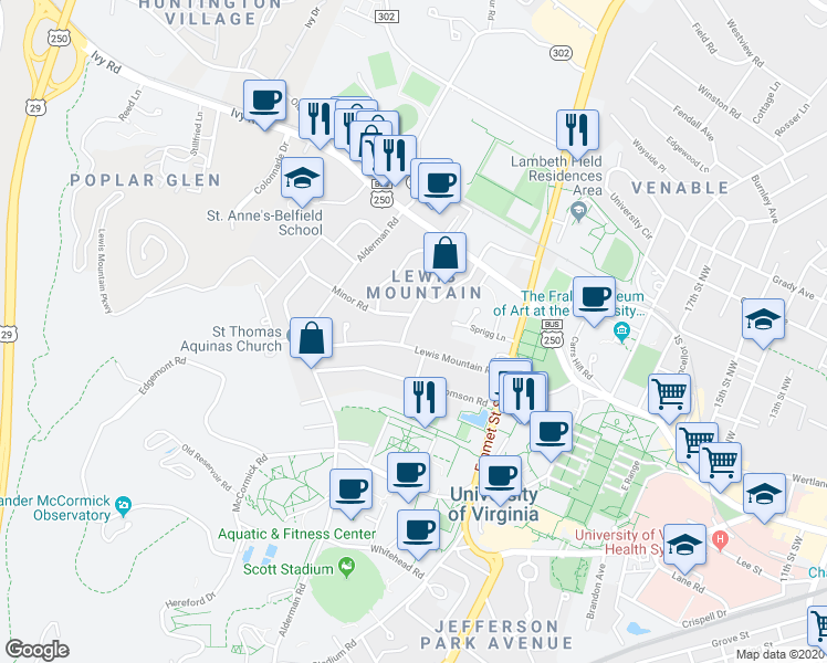 map of restaurants, bars, coffee shops, grocery stores, and more near 206 Cameron Lane in Charlottesville