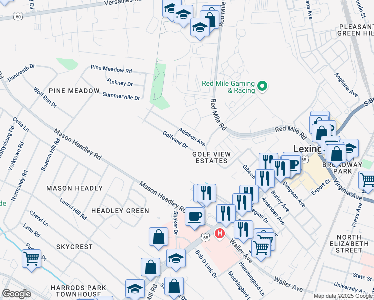 map of restaurants, bars, coffee shops, grocery stores, and more near 638 Golfview Drive in Lexington