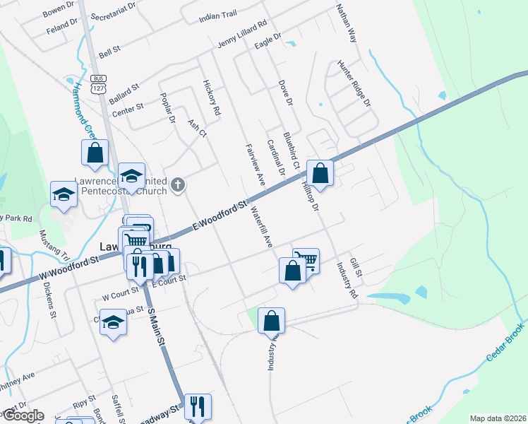 map of restaurants, bars, coffee shops, grocery stores, and more near 119 Waterfill Avenue in Lawrenceburg