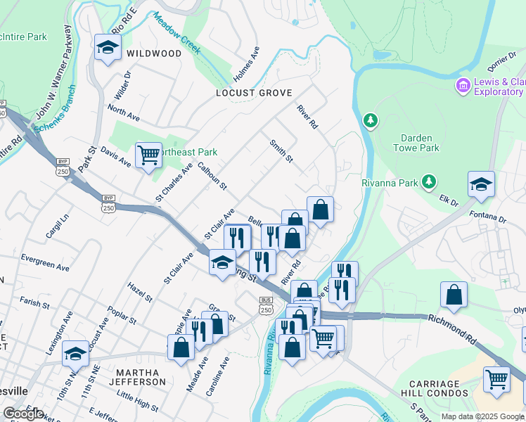 map of restaurants, bars, coffee shops, grocery stores, and more near 1215 Belleview Avenue in Charlottesville