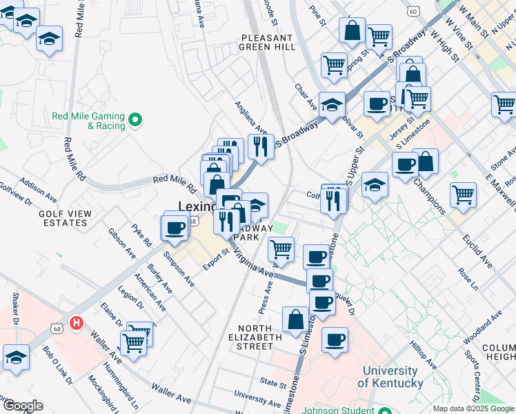map of restaurants, bars, coffee shops, grocery stores, and more near 359 Bucoto Court in Lexington