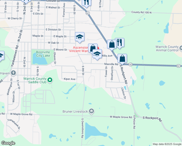 map of restaurants, bars, coffee shops, grocery stores, and more near 1120 Country Place Drive in Boonville
