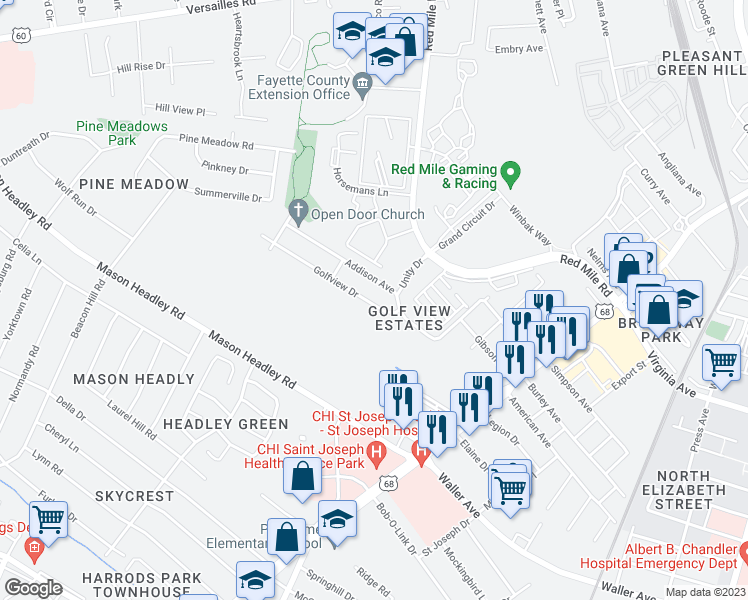 map of restaurants, bars, coffee shops, grocery stores, and more near 627 Golfview Drive in Lexington