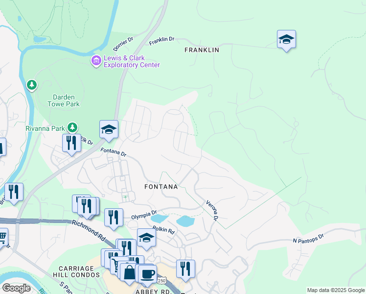 map of restaurants, bars, coffee shops, grocery stores, and more near 1906 Glissade Lane in Charlottesville