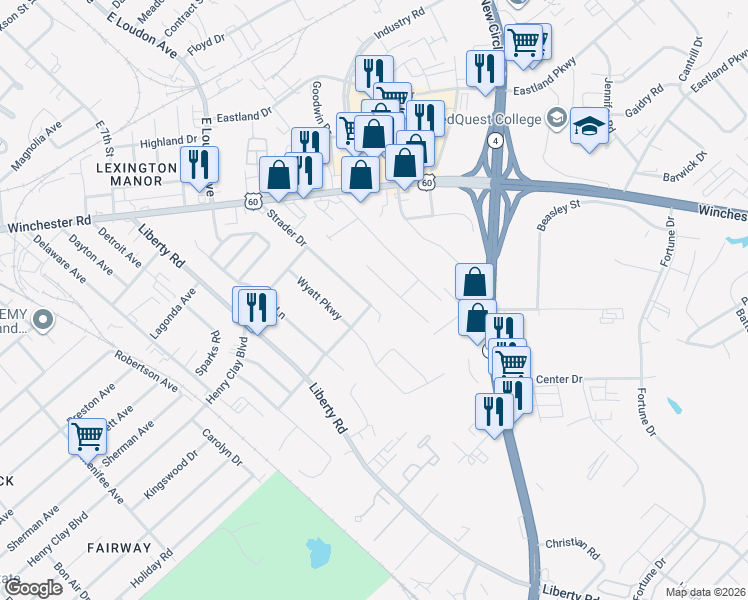 map of restaurants, bars, coffee shops, grocery stores, and more near 1671 Strader Drive in Lexington