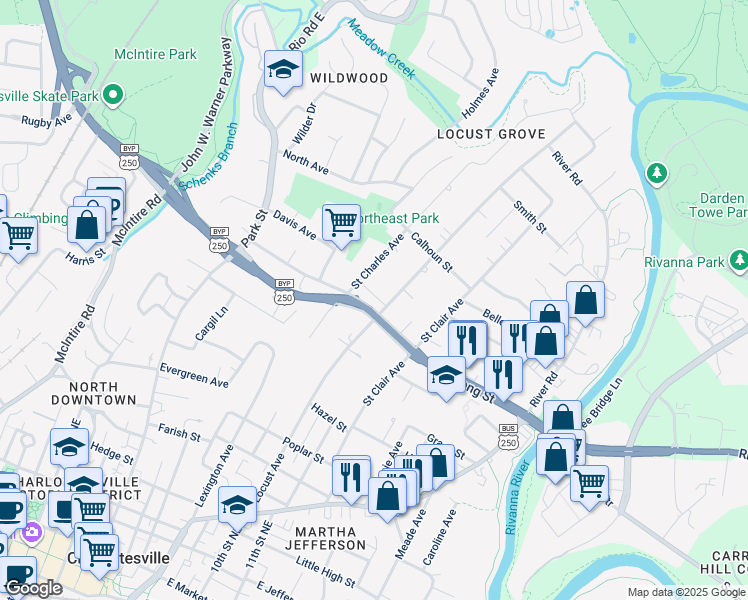 map of restaurants, bars, coffee shops, grocery stores, and more near 887 Locust Avenue in Charlottesville