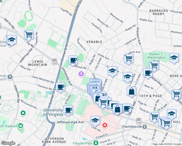 map of restaurants, bars, coffee shops, grocery stores, and more near 167 Chancellor Street in Charlottesville