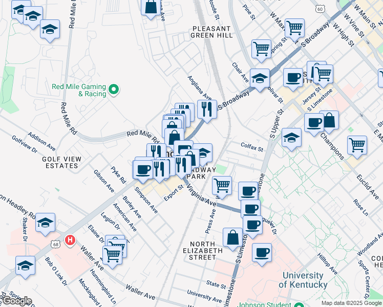 map of restaurants, bars, coffee shops, grocery stores, and more near 349 South Broadway Park in Lexington