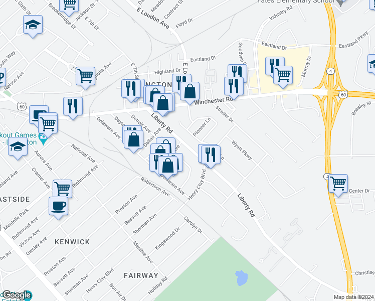 map of restaurants, bars, coffee shops, grocery stores, and more near 1122 Liberty Road in Lexington