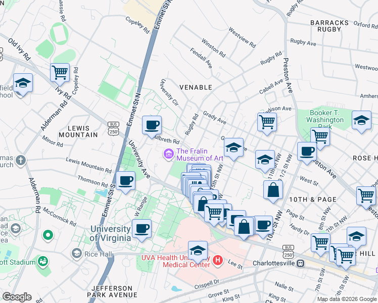 map of restaurants, bars, coffee shops, grocery stores, and more near 170 Madison Lane in Charlottesville