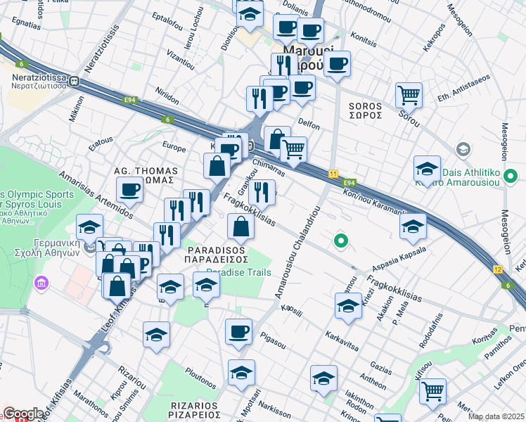 map of restaurants, bars, coffee shops, grocery stores, and more near in Marousi