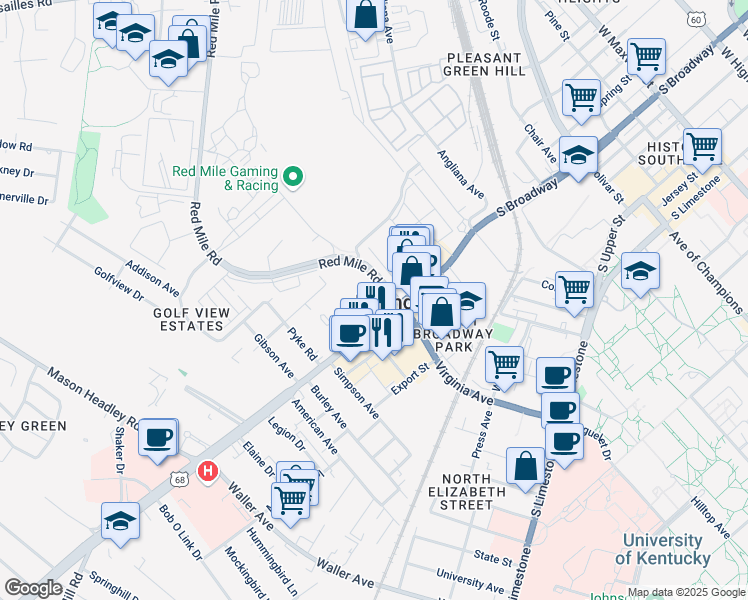 map of restaurants, bars, coffee shops, grocery stores, and more near 406 Uhlan Court in Lexington