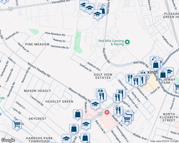 map of restaurants, bars, coffee shops, grocery stores, and more near 642 Golfview Drive in Lexington
