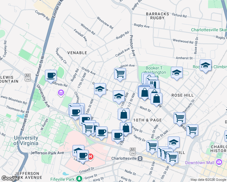 map of restaurants, bars, coffee shops, grocery stores, and more near 1200 Gordon Avenue in Charlottesville