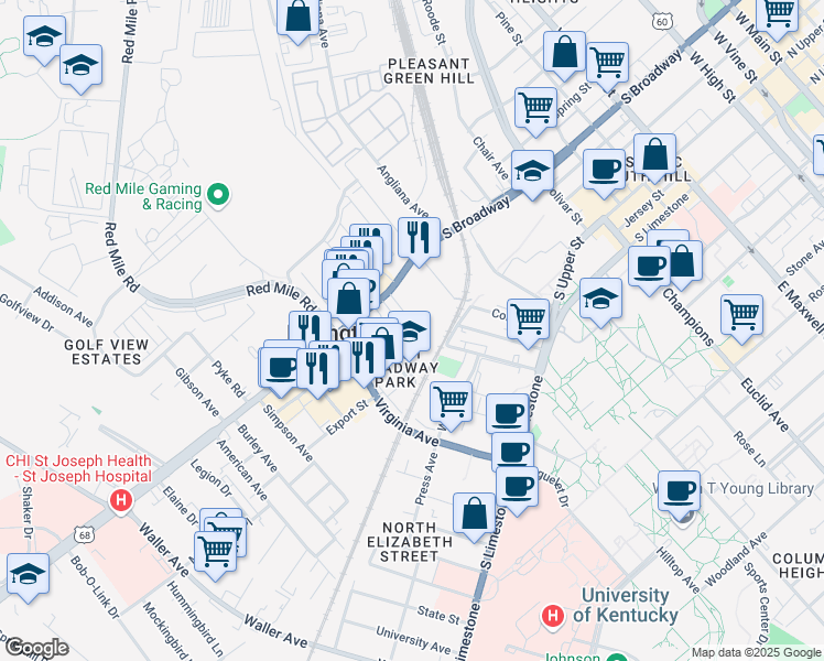 map of restaurants, bars, coffee shops, grocery stores, and more near 361 Bucoto Court in Lexington
